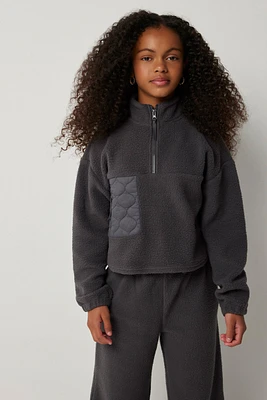 Ardene Kids Crop Half Zip Sherpa Sweatshirt in Dark Grey | Size | Polyester