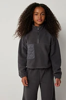 Ardene Kids Crop Half Zip Sherpa Sweatshirt in Dark Grey | Size | Polyester