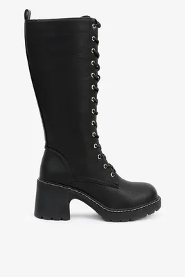 Ardene Block Heel Tall Combat Boot in Black | Size | Faux Leather/Rubber