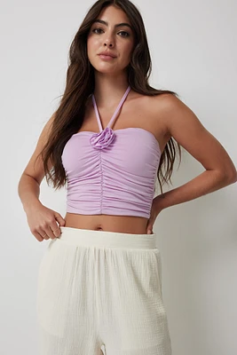 Ardene Strappy Ruched Tube Top with Rosette in Lilac | Size | Polyester/Spandex