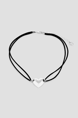 Ardene Faux Suede Cord Choker with Heart Pendant in Silver