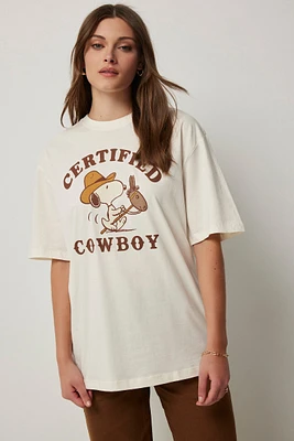 Ardene Oversized Cowboy Snoopy T-Shirt in White | Size | 100% Cotton