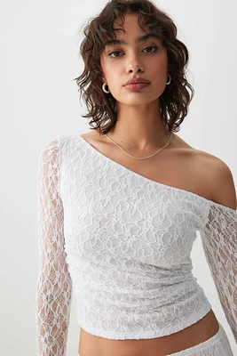 Ardene Asymmetrical Lace Top in White | Size | Polyester/Nylon/Elastane
