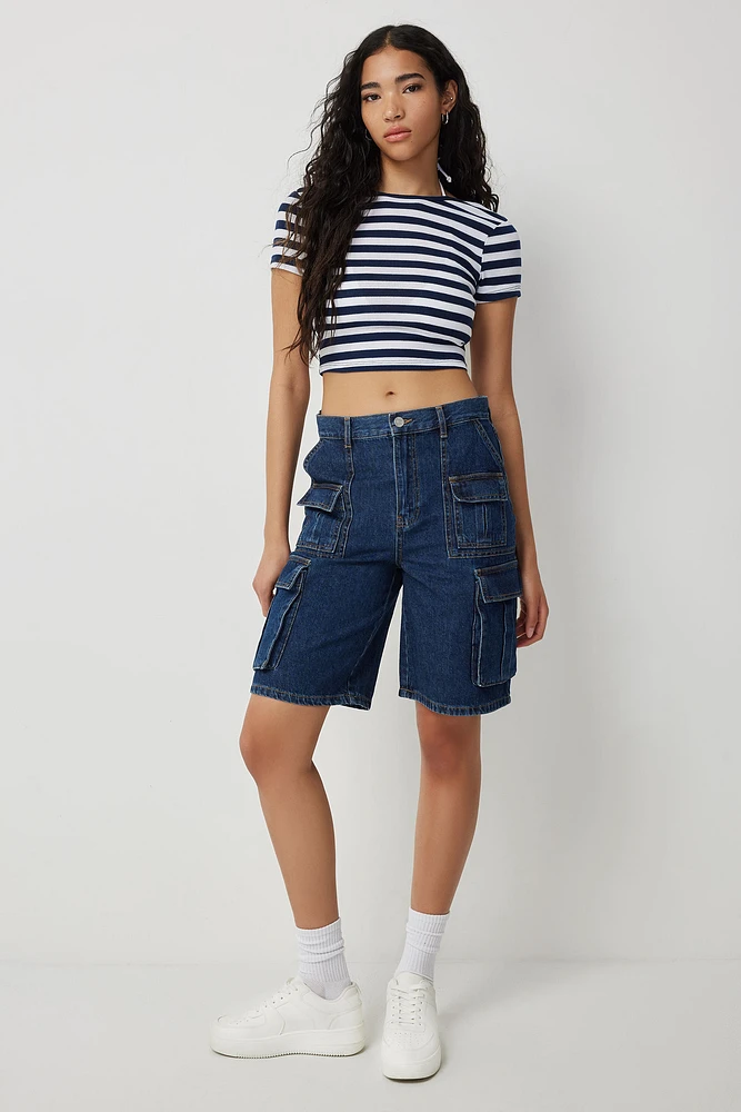 Ardene High Rise Cargo Skater Jorts in Blue | Size | 100% Cotton