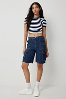 Ardene High Rise Cargo Skater Jorts in Blue | Size | 100% Cotton