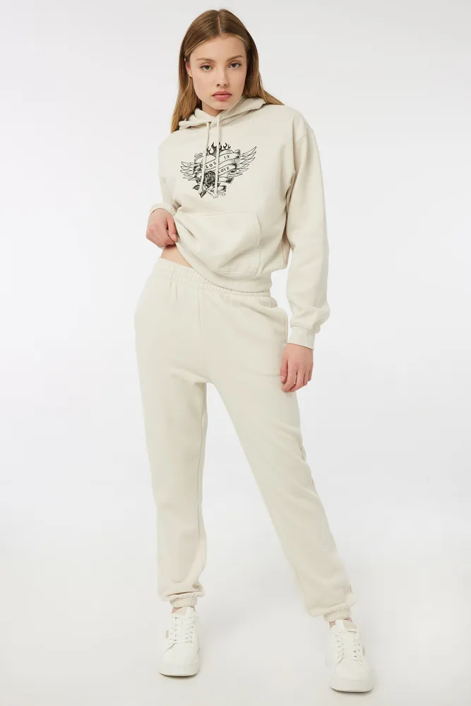 Ardene Slouchy Sweatpants in Beige, Size, Polyester/Cotton, Fleece-Lined