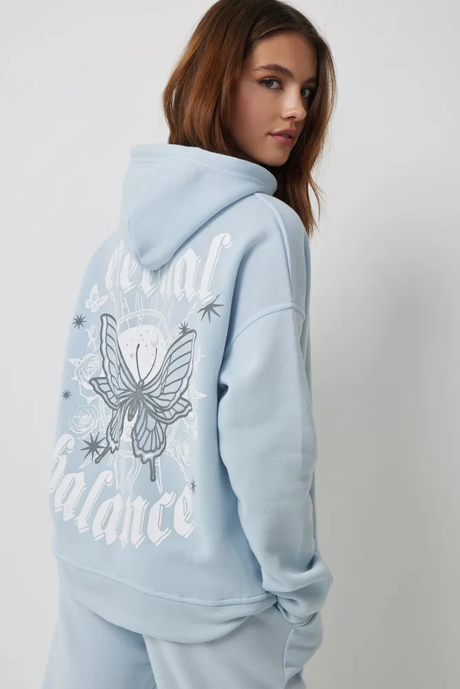 Ardene Oversized Graphic Hoodie in Light Blue, Size