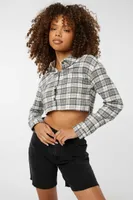 Ardene Ultra Cropped Plaid Flannel Shirt in Grey | Size Large | 100% Cotton