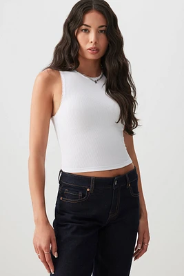 Ardene Basic Crop Picot Trim High Neck Tank Top in White | Size | Polyester/Elastane