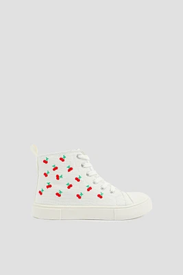 Ardene Kids High Top Sneakers with Cherry Embroideries in White | Size | Eco-Conscious