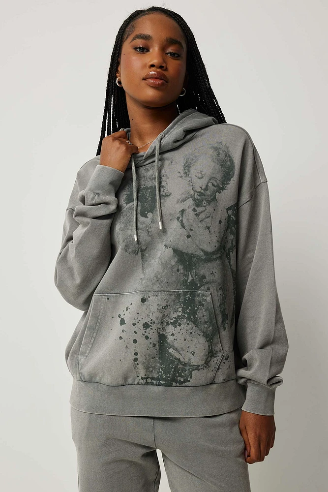 Ardene Washed Angel Hoodie in Grey | Size | Polyester/Cotton | Fleece-Lined