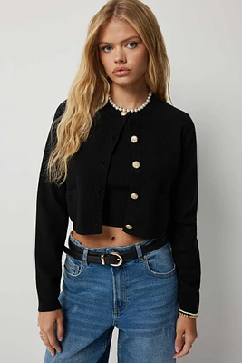 Ardene Crop Cardigan with Gold Buttons in Black | Size | Polyester/Nylon/Viscose