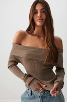 Ardene Rib Off Shoulder Sweater in Brown | Size | Polyester/Polyamide/Viscose