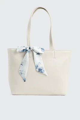 Ardene Large Tote Bag with Scarf in White | 100% Recycled Polyester/Faux Leather | Eco-Conscious