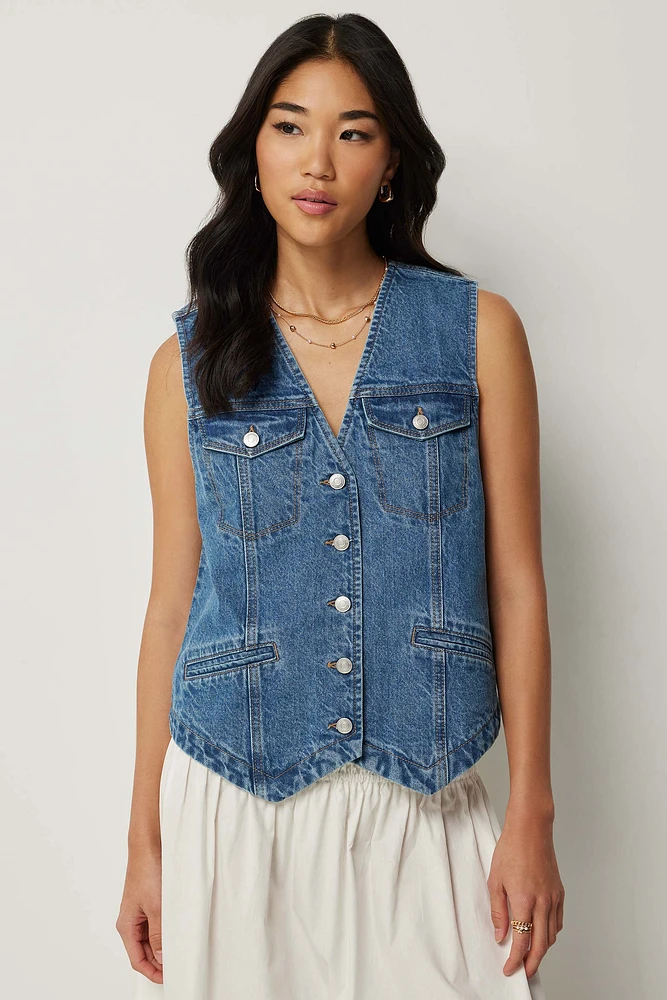 Ardene Oversized Denim Vest in Medium Blue | Size | 100% Cotton