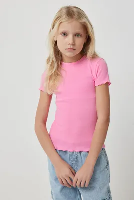 Ardene Kids Lettuce Edge Short Sleeve T-Shirt in Light Pink | Size | Polyester/Cotton/Elastane