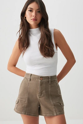 Ardene Contrast Stitch High Rise Midi Shorts in Brown | Size | Polyester/Spandex/Cotton