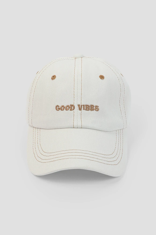 Ardene Good Vibes Cap in White | 100% Cotton