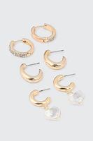 Ardene 3-Pack Crystal & Heart Hoops in Gold | Stainless Steel