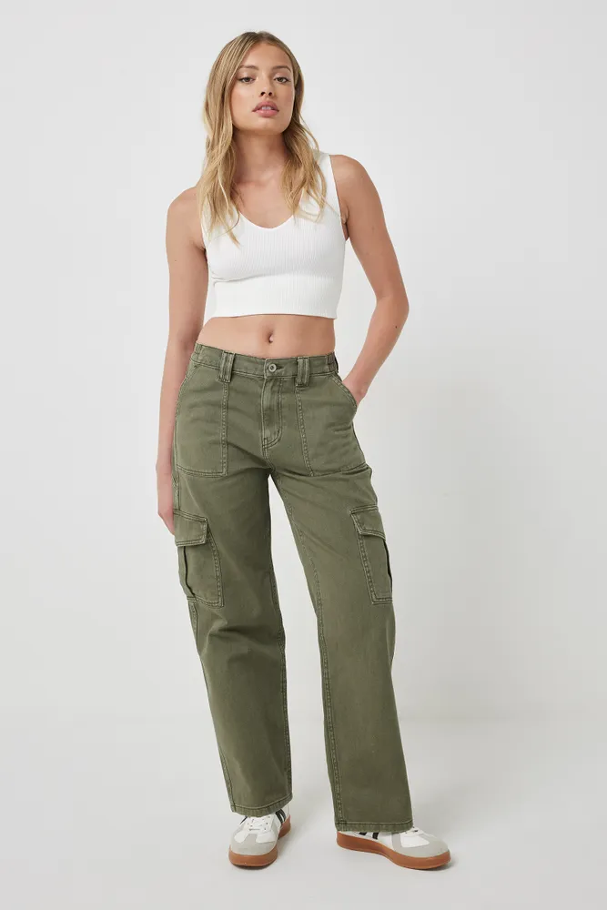 Ardene High Rise 90's Cargo Jeans in Khaki | Size | 100% Cotton