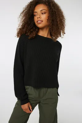 Ardene Ribbed Raglan Sweater in Black | Size | Cotton