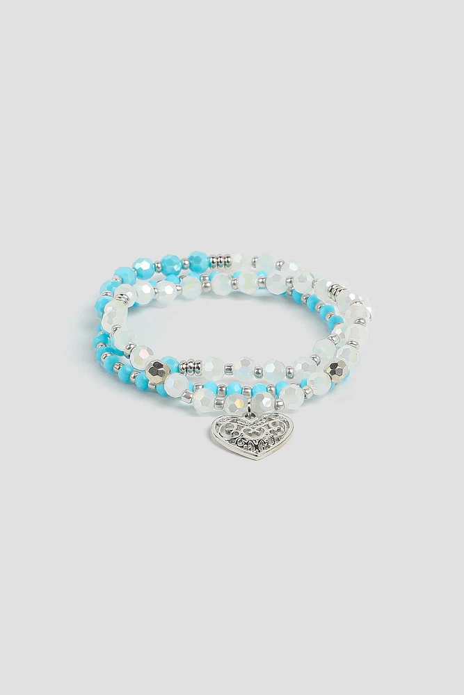 Ardene 3-Pack Bead Bracelet with Heart Charm in Light Blue