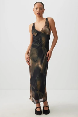 Ardene V-Neck Mesh Midi dress in Brown | Size | Polyester/Spandex