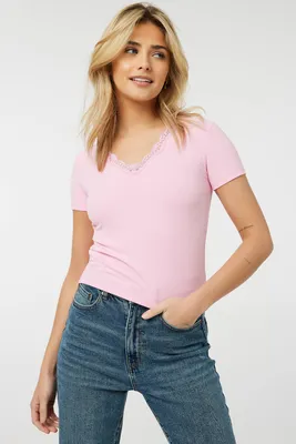 Ardene Crop V-Neck Tee with Lace Trim in Light Pink | Size | Polyester/Spandex