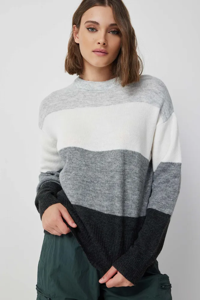 Ardene Longline Moss Stitch Colorblock Sweater in Grey | Size | Nylon/Spandex