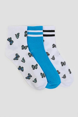 Ardene 3-Pack of Butterfly & Stripe Demi Crew Socks | Polyester/Spandex