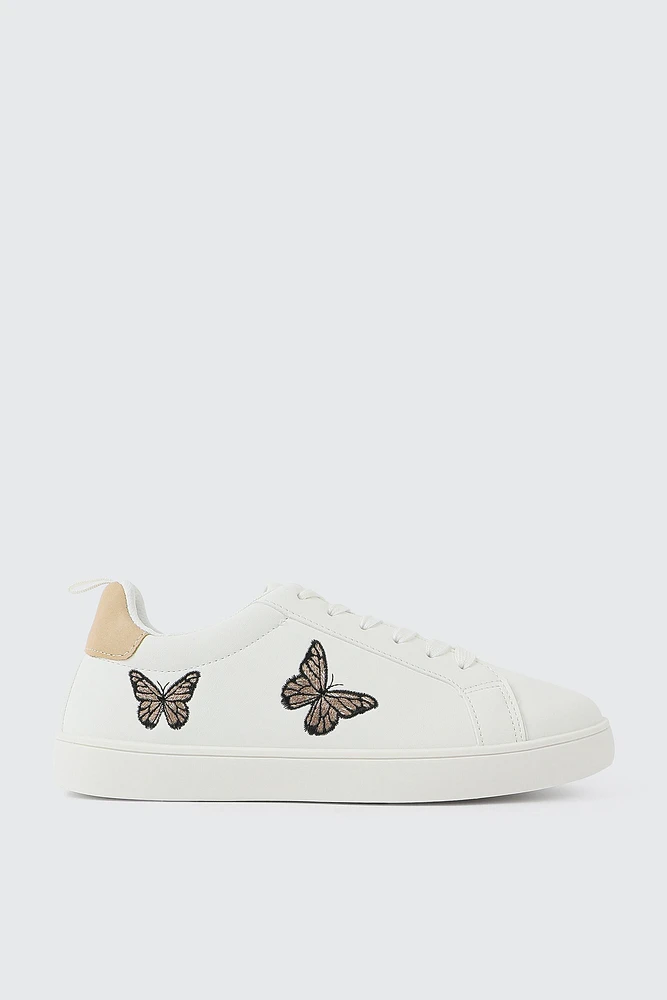 Ardene Tennis Sneakers with Embroidery Detail in Beige | Size | Eco-Conscious