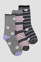 Ardene Kids 3-Pack Cat & Stripe Crew Socks | Polyester/Spandex