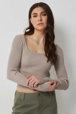 Ardene Fine Knit Square Neck Sweater in Beige | Size | Rayon/Nylon
