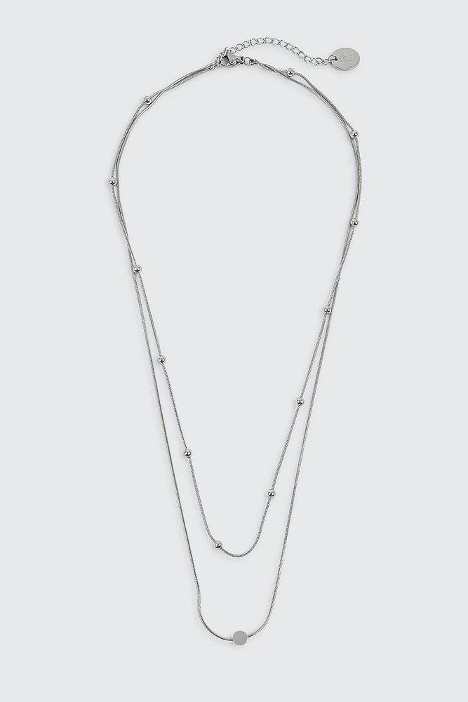 Ardene Two-Row Chain Necklace with Circle Pendant in Silver