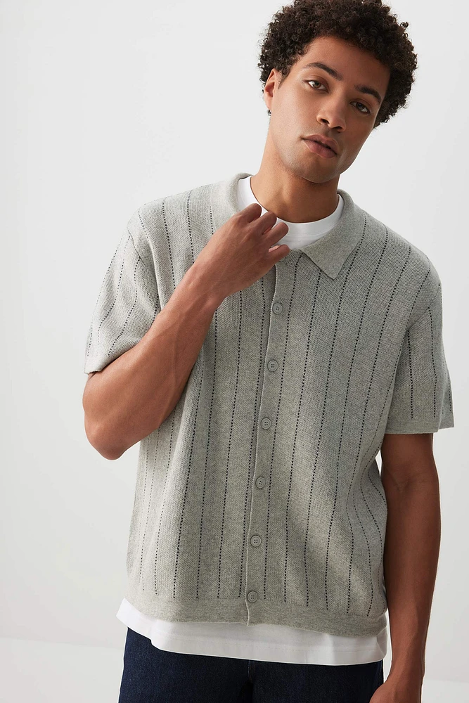 Ardene Man Striped Button-Up Polo Shirt For Men in Grey | Size | 100% Cotton