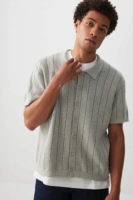 Ardene Man Striped Button-Up Polo Shirt For Men in Grey | Size | 100% Cotton
