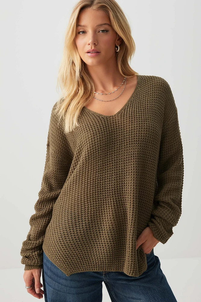 Ardene Shaker Stitch V-Neck Sweater in Khaki | Size | 100% Acrylic