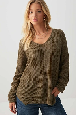 Ardene Shaker Stitch V-Neck Sweater in Khaki | Size | 100% Acrylic