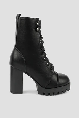 Ardene Bloc Heel Lace-Up Boots in Black | Size | Faux Leather | Eco-Conscious