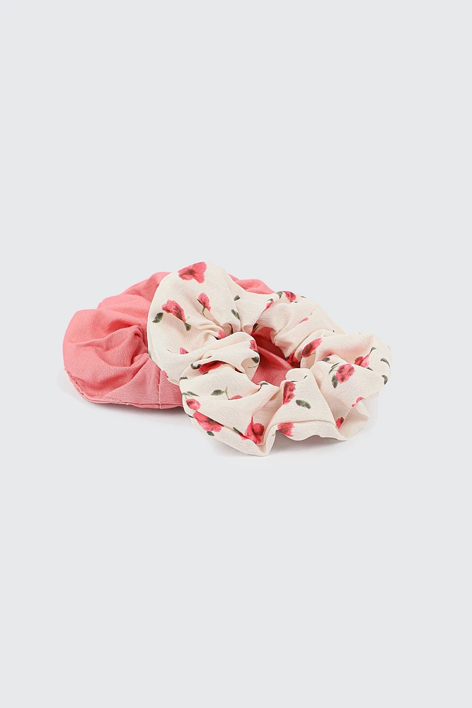 Ardene 2-Pack Solid & Floral Scrunchies in Medium Pink | Polyester/Elastane