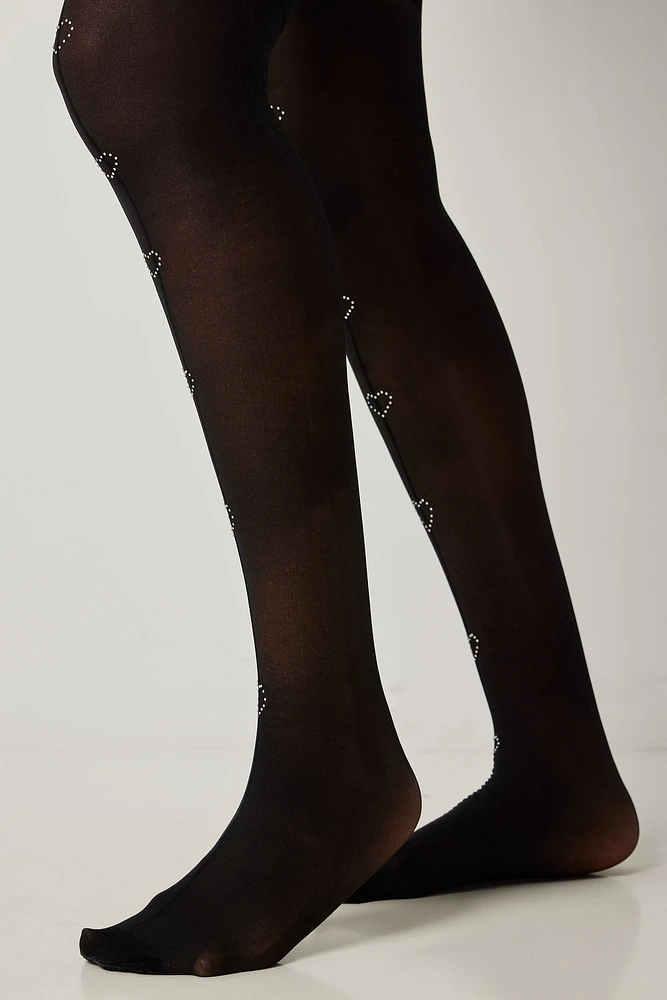 Ardene Tights with Heart Crystals in Black | Size | Polyester/Nylon/Spandex