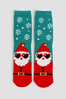 Ardene Santa with Sunglasses Cozy Socks in Red | Polyester/Spandex