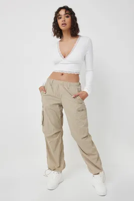 Ardene Regular Rise Nylon Cargo Pants in Beige | Size Large | Nylon/Polyamide