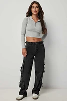 Ardene Mid Rise Wide Leg Cargo Jeans in Black | Size | 100% Cotton