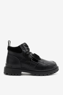 Ardene Tape Strap Boots on Lug Sole in Black | Size | Faux Leather/Faux Suede/Rubber