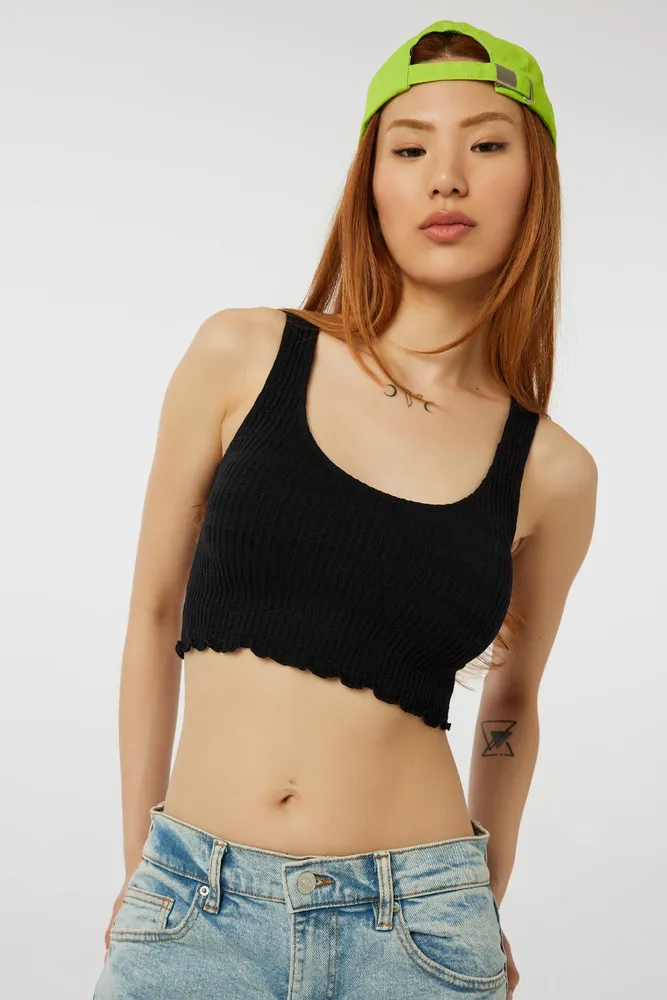 Ardene Basic Ultra Crop Textured Tank in Black | Size Small | Elastane/Polyamide