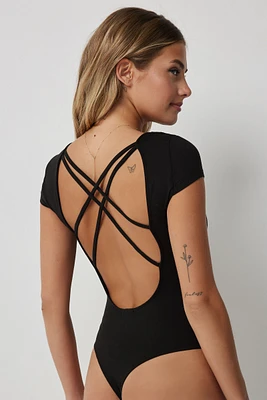Ardene Cap Sleeve Open Back Bodysuit in Black | Size | Polyester/Spandex