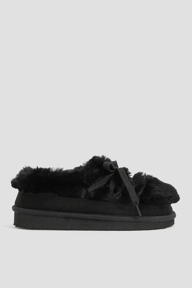 Ardene Lace Up Faux Fur Slippers in Black | Size | Polyester/Faux Suede | Eco-Conscious