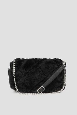 Ardene Faux Fur Shoulder Bag with 2 Straps in Black | Faux Leather/Polyester