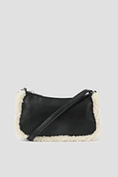 Ardene Sherpa Trim Shoulder Bag in Black | Faux Leather/Polyester